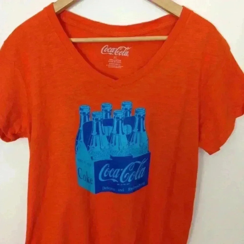 Coca Cola Women XL Orange Blue V-Neck T-Shirt
